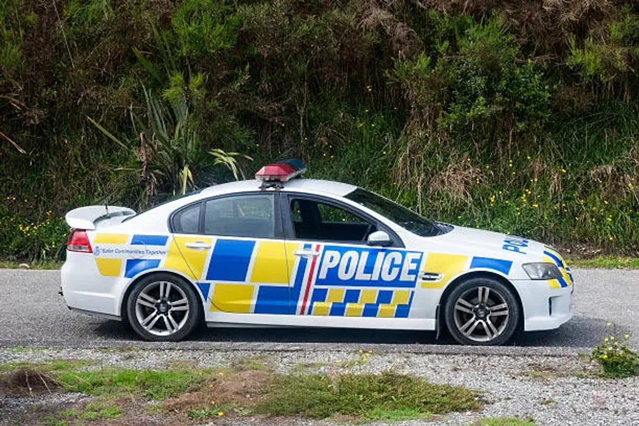 Hokitika, New Zealand, March 13, 2016. New Zealand Police car along a street in Hokitika, New Zealand.